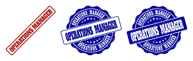 OPERATIONS MANAGER grunge stamp seals in red and blue colors. Vector OPERATIONS MANAGER imprints with dirty style. Graphic elements are rounded rectangles, rosettes, circles and text labels.