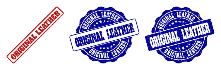 ORIGINAL LEATHER grunge stamp seals in red and blue colors. Vector ORIGINAL LEATHER signs with distress texture. Graphic elements are rounded rectangles, rosettes, circles and text captions.