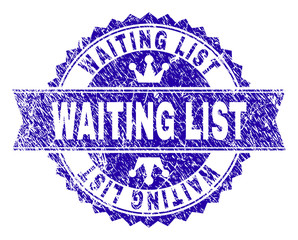 WAITING LIST rosette seal watermark with distress style. Designed with round rosette, ribbon and small crowns. Blue vector rubber watermark of WAITING LIST tag with unclean style.