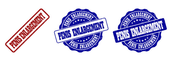 PENIS ENLARGEMENT grunge stamp seals in red and blue colors. Vector PENIS ENLARGEMENT watermarks with grunge surface. Graphic elements are rounded rectangles, rosettes, circles and text labels.