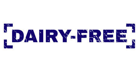 DAIRY-FREE caption seal print with distress texture. Text caption is placed between corners. Blue vector rubber print of DAIRY-FREE with grunge texture.