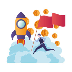 businessman running with flag and flying rocket