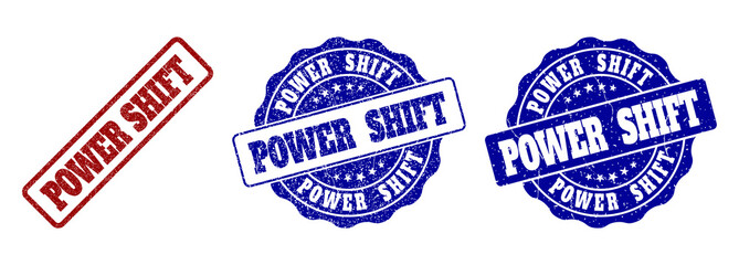 POWER SHIFT grunge stamp seals in red and blue colors. Vector POWER SHIFT labels with grunge effect. Graphic elements are rounded rectangles, rosettes, circles and text captions.