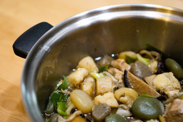Imoni in a pan (Imoni is a type of taro and meat soup eaten traditionally in the autumn in the Northeast region of Japan)