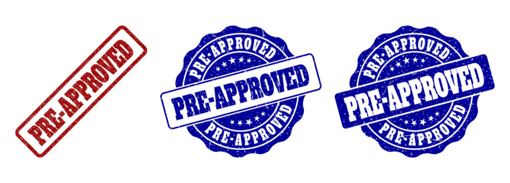 PRE-APPROVED scratched stamp seals in red and blue colors. Vector PRE-APPROVED labels with grainy effect. Graphic elements are rounded rectangles, rosettes, circles and text labels.