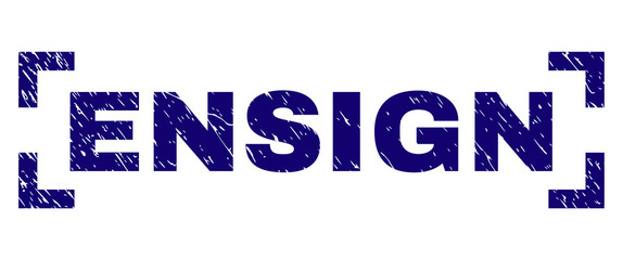ENSIGN label seal print with grunge texture. Text label is placed inside corners. Blue vector rubber print of ENSIGN with dust texture.