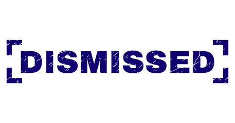 DISMISSED tag seal imprint with corroded style. Text tag is placed between corners. Blue vector rubber print of DISMISSED with corroded texture.