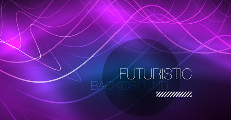 Glowing abstract wave on dark, shiny motion, Christmas and New Year magic space light. Techno abstract background