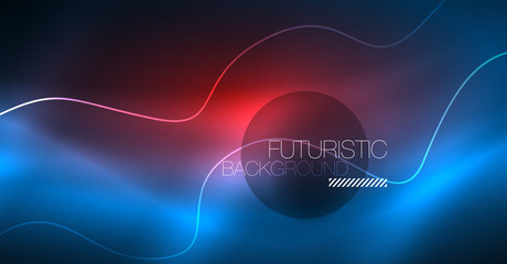 Glowing abstract wave on dark, shiny motion, Christmas and New Year magic space light. Techno abstract background