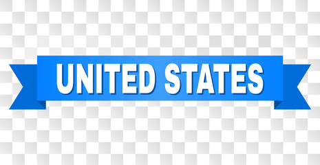 UNITED STATES text on a ribbon. Designed with white title and blue stripe. Vector banner with UNITED STATES tag on a transparent background.