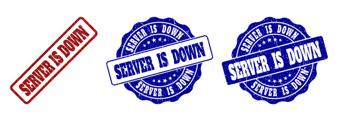 SERVER IS DOWN grunge stamp seals in red and blue colors. Vector SERVER IS DOWN labels with grunge effect. Graphic elements are rounded rectangles, rosettes, circles and text captions.