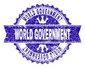 Obraz premium WORLD GOVERNMENT rosette stamp seal watermark with distress texture. Designed with round rosette, ribbon and small crowns. Blue vector rubber watermark of WORLD GOVERNMENT title with unclean texture.