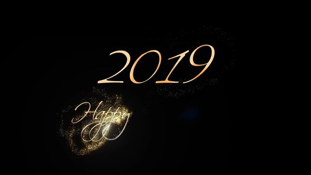2019. Opener. Happy New Year. Greeting.  Beautiful Text Animation. Golden particles  With Alpha Channel