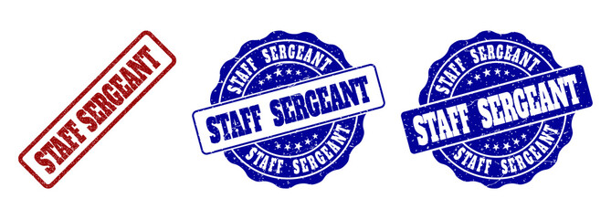STAFF SERGEANT grunge stamp seals in red and blue colors. Vector STAFF SERGEANT imprints with grunge surface. Graphic elements are rounded rectangles, rosettes, circles and text tags.