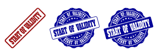 START OF VALIDITY grunge stamp seals in red and blue colors. Vector START OF VALIDITY imprints with grunge effect. Graphic elements are rounded rectangles, rosettes, circles and text labels.