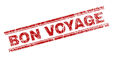 BON VOYAGE seal stamp with distress texture. Red vector rubber print of BON VOYAGE text with scratched texture. Text label is placed between double parallel lines.