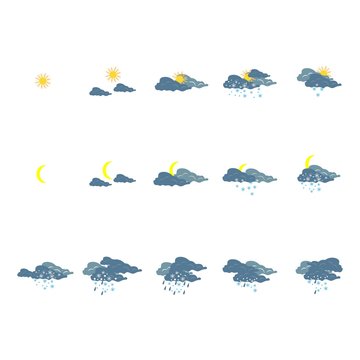 Weather winter icon set. Meteorology symbol weather forecast. Icons prognosis weather. Design element. Colorful symbol of sky. Template for weather forecast. Flat vector image. Vector illustration.