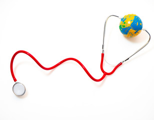 Stethoscope red with globe on white background