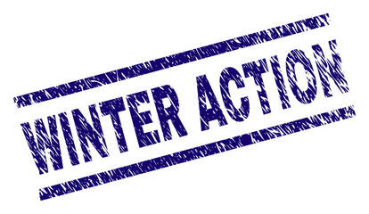 WINTER ACTION seal print with scratced style. Blue vector rubber print of WINTER ACTION tag with scratched texture. Text label is placed between parallel lines.