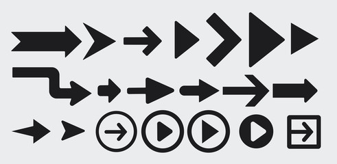 Various arrows play button video player curser click black symbols icon