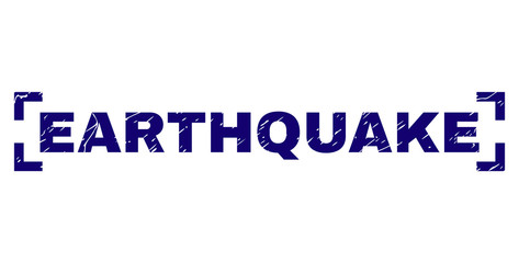 EARTHQUAKE text seal print with distress style. Text tag is placed inside corners. Blue vector rubber print of EARTHQUAKE with retro texture.