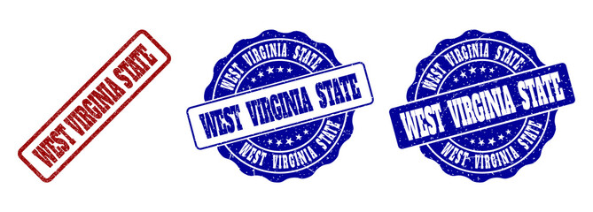 Fototapeta premium WEST VIRGINIA STATE scratched stamp seals in red and blue colors. Vector WEST VIRGINIA STATE labels with draft effect. Graphic elements are rounded rectangles, rosettes, circles and text labels.