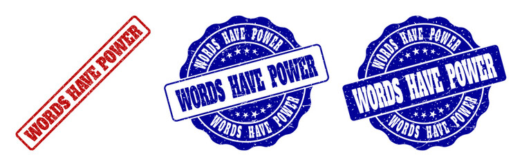 Fototapeta premium WORDS HAVE POWER scratched stamp seals in red and blue colors. Vector WORDS HAVE POWER labels with scratced effect. Graphic elements are rounded rectangles, rosettes, circles and text labels.