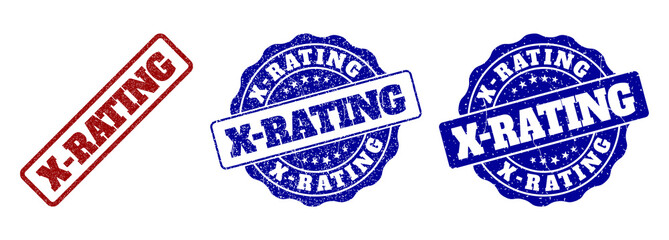 X-RATING grunge stamp seals in red and blue colors. Vector X-RATING labels with grunge texture. Graphic elements are rounded rectangles, rosettes, circles and text labels.