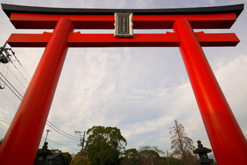 Shizuoka,Japan-December 20, 2018: A big red divine gateway of Fujisan Hongu Sengen Taisha
