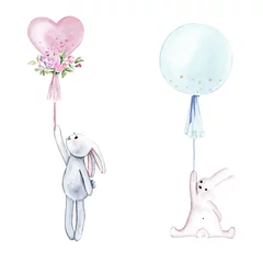 Meubelstickers Dieren met ballon Aquarel konijnen met ballonnen. Geïsoleerd op een witte achtergrond. Perfect voor kinderprenten, posters, uitnodigingen, enz.