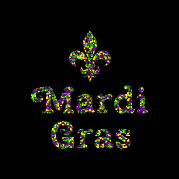 Mardi gras. Shrove Tuesday. Event name from confetti of traditional colors.