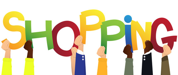 Diverse hands holding letters of the alphabet created the word Shopping. Vector illustration.