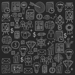 Vector set of bussines icons in doodle style chalk on black background.