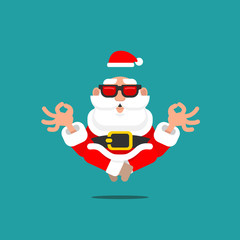 Older Santa Claus in meditation levitating in the air with sunglasses in a relaxing mental position of Yoga symbolizing a spiritual symbol of OM.