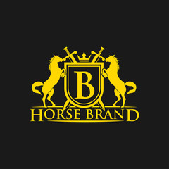 Initial Letter B logo. Horse Brand Logo design vector. Retro golden crest with shield and horses. Heraldic logo template. Luxury design concept. Can be used as logo, icon, emblem or banner.