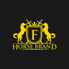 Initial Letter F logo. Horse Brand Logo design vector. Retro golden crest with shield and horses. Heraldic logo template. Luxury design concept. Can be used as logo, icon, emblem or banner.