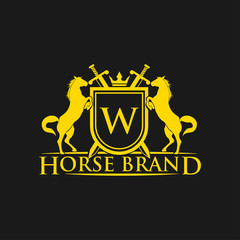 Initial Letter W logo. Horse Brand Logo design vector. Retro golden crest with shield and horses. Heraldic logo template. Luxury design concept. Can be used as logo, icon, emblem or banner.