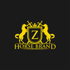 Initial Letter Z logo. Horse Brand Logo design vector. Retro golden crest with shield and horses. Heraldic logo template. Luxury design concept. Can be used as logo, icon, emblem or banner.