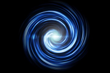 Glowing spiral tunnel with light blue fog on black background
