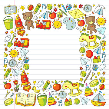Kindergarten Vector pattern with toys and items for education.