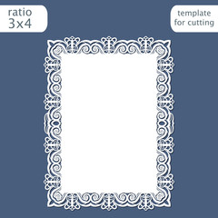Laser cut wedding invitation card template with openwork border.  Cut out the paper card with lace pattern.  Greeting card template for cutting plotter. Vector.