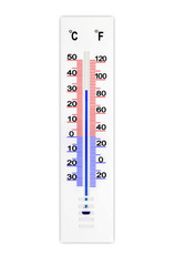 Meteorology thermometer isolated on white background. Air temperature plus 31 degrees celsius