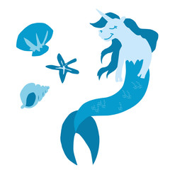 Vector illustration of unicorn mermaid and seashells