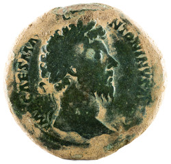 Ancient Roman bronze sertertius coin of Emperor Marcus Aurelius. Obverse.
