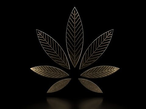 Cannabis leaf on black background. Golden marijuana leaf. Stylish gold cannabis leaf drug marijuana herb, 3D illustration. Marijuana element for logo, banner or flyer design.