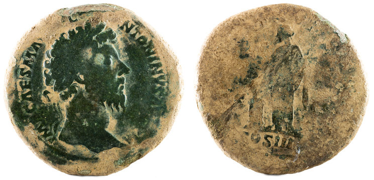 Ancient Roman bronze sertertius coin of Emperor Marcus Aurelius.