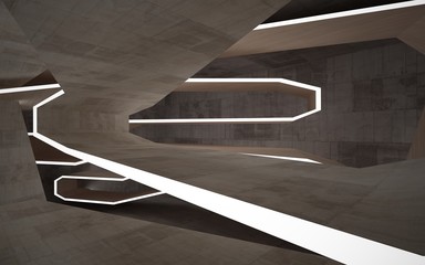 Empty abstract room interior of sheets wood and brown concrete. Architectural background. Night view of the illuminated. 3D illustration and rendering