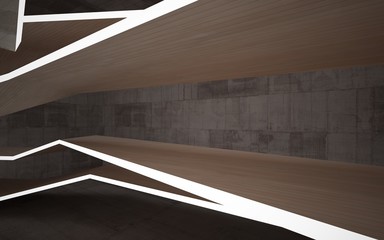 Empty abstract room interior of sheets wood and brown concrete. Architectural background. Night view of the illuminated. 3D illustration and rendering