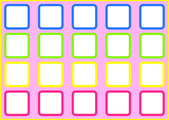 twenty rounded squares with a white background inside, in four rows and five columns, on a pink background
