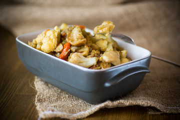 Cauliflower baked with mushrooms and eggplants in ceramic form